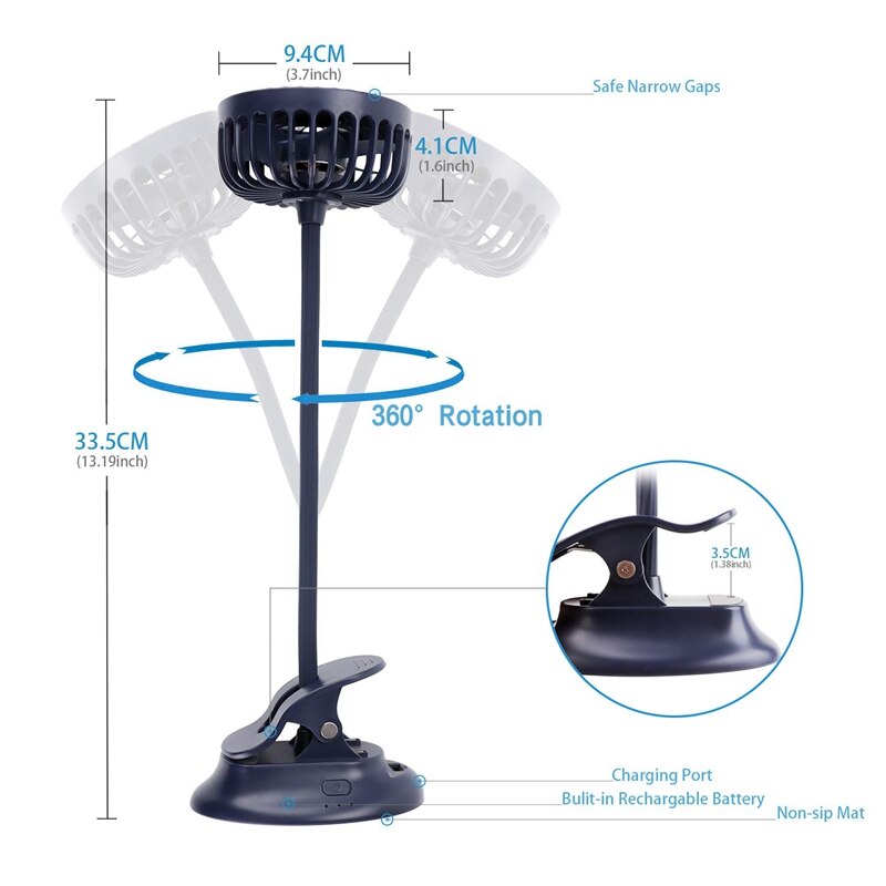 Portable Mini Clip Stroller Fan,3 Speeds Settings,Flexible Bendable Usb Rechargeable Battery Operated Quiet Desk Fan For Home,